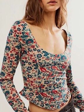 Free People Floral Fitted Melanie Long Sleeve Top Size Small cottagecore boho